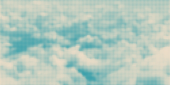 Color halftone texture of blue sky with clouds. Abstract cloud pattern vector dotted pixel texture background with copy space. Vintage cloudy sky