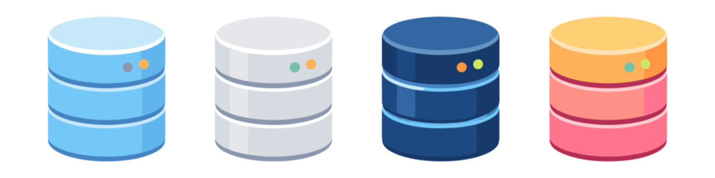 Set of four colorful database icons in isometric view, representing data storage and technology