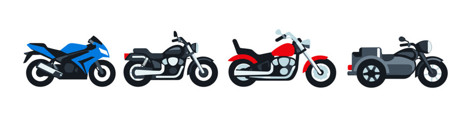 Fototapeta premium Collection of four distinct motorcycle styles in a flat vector illustration