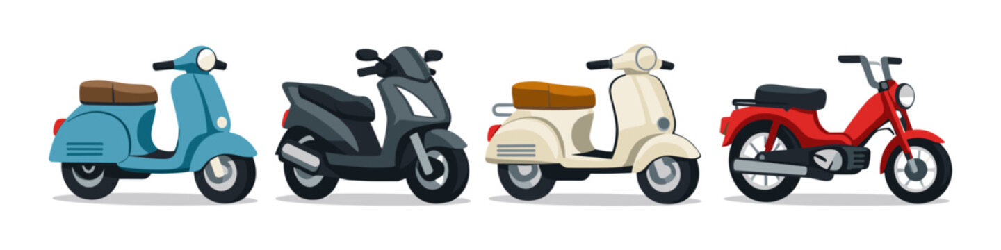 Collection of four distinct scooters and mopeds in various colors and styles