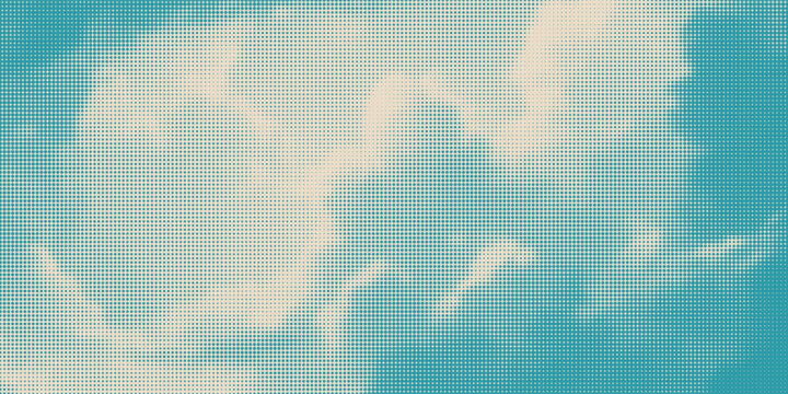 Color halftone texture of blue sky with clouds. Abstract cloud pattern vector dotted pixel texture background with copy space. Vintage cloudy sky