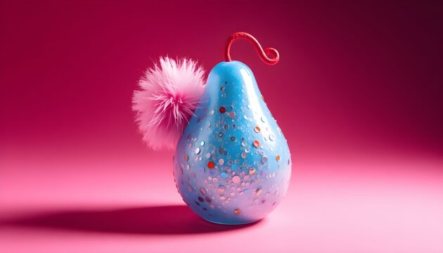 A blue pear ornament with a fluffy pink decoration on a pink gradient background viewed from the front