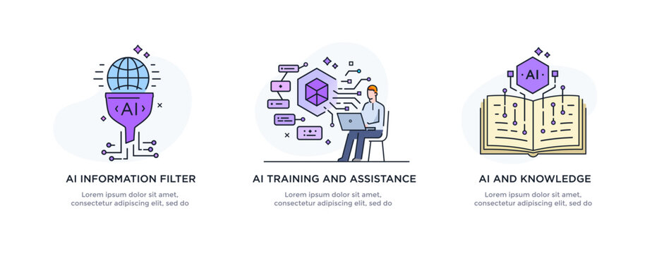 Set of illustrations concept with businessmen. technology, partnership, artificial intelligence business robot, cybes. linear illustration Icons infographics. Landing page site print poster. Line