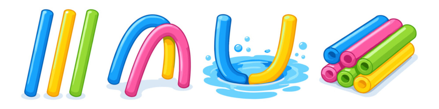 Colorful pool noodles arranged in various playful configurations on a white background