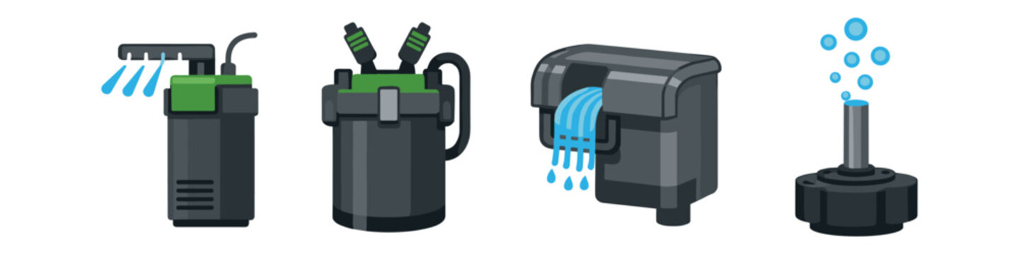 Collection of aquarium water filters and aeration devices with water flow