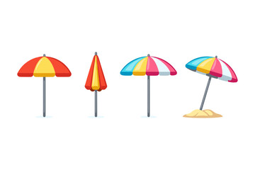 Obraz premium Collection of colorful beach umbrellas in different styles and positions on white background