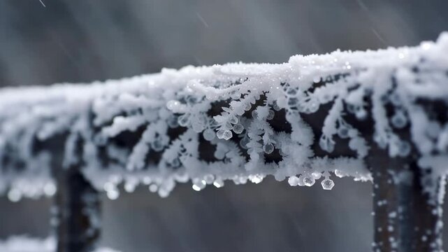 Raindrops and ice crystals forming on frosty metal railing in winter weather
