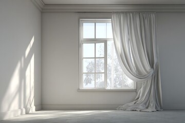 Fototapeta premium Sunlight streams through a paneled window illuminating a sparsely furnished room with draped fabric.