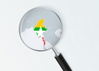 Myanmar Map Under Magnifying Glass with National Flag Overlay.