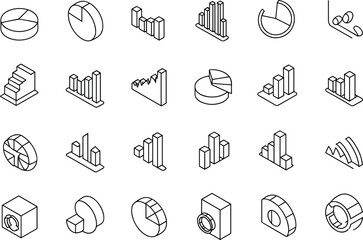 Fototapeta premium Data analytics chart icon set isometric line vector collection featuring graphs, statistics, reports, business analysis visualization design