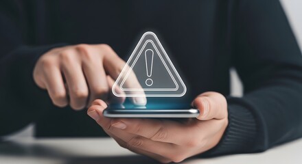 Person holding smartphone with holographic warning triangle symbol