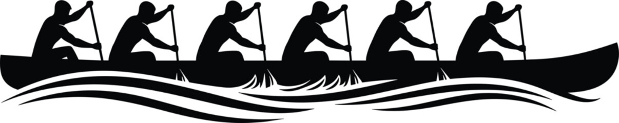 Black silhouette of a team of six athletes rowing a dragon boat or long canoe through waves during a competitive water sports race. © Mahsina