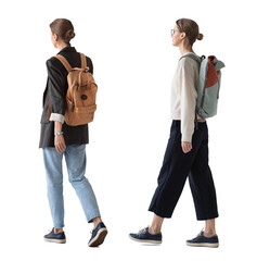 Full length portrait of a young woman walking isolated transparent PNG, student girl full body...