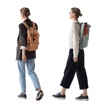 Full length portrait of a young woman walking isolated transparent PNG, student girl full body photo PNG with transparent background precisely cut out with clipping path.