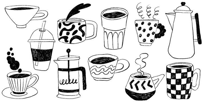 Hand drawn doodle chalk coffee set. Vintage crayon drawn coffee cups, filter, french press. Italian brunch and breakfast sketch ink elements. La dolce vita vector illustration for invitations, menu