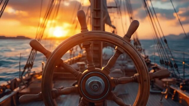 ship, wheel, sunset, ocean, sailing, sea, boat, wooden, nautical, travel, adventure, maritime, vessel, navigation, captain, sun, golden, hour, yacht, sail, deck, transport, voyage, horizon, water, vin