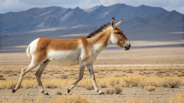 Wild Onager (Equus hemionus) or Asiatic Wild Ass standing in the arid desert steppe natural habitat.
