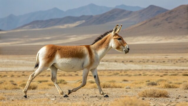 Wild Onager (Equus hemionus) or Asiatic Wild Ass standing in the arid desert steppe natural habitat.