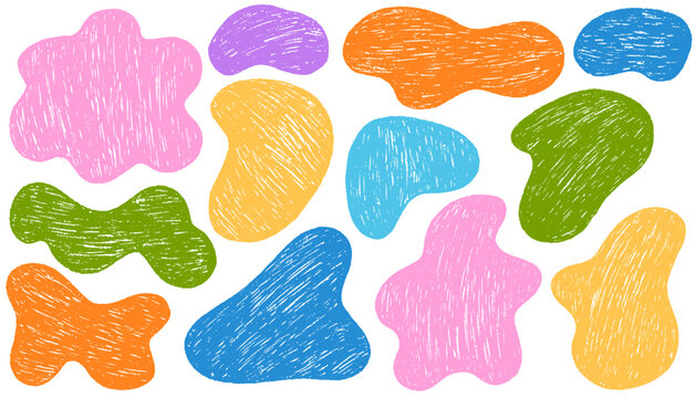 Crayon organic irregular wavy shapes set. Colorful abstract liquid and irregular blob text shapes. Pencil squiggly border frames. Vector colored empty speech bubbles with hand drawn grain texture