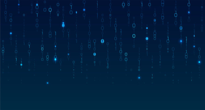 Binary code numbers fall in cascading data rain, creating digital matrix background with blue glowing streams and programming cyber technology aesthetic