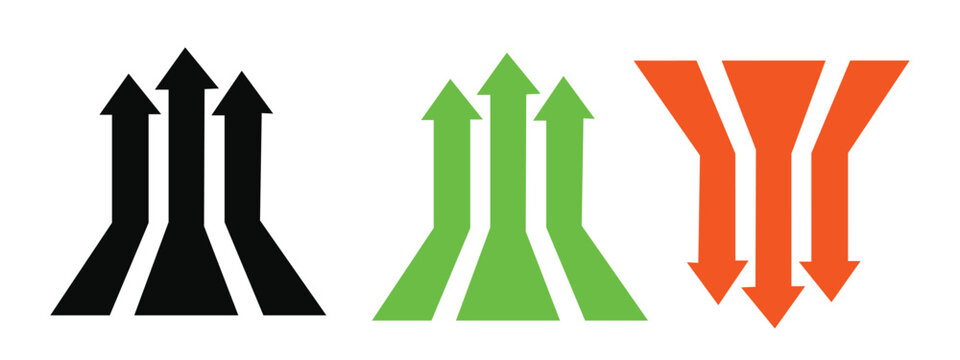 Multiple arrows merging upwards and spreading downwards directionally.