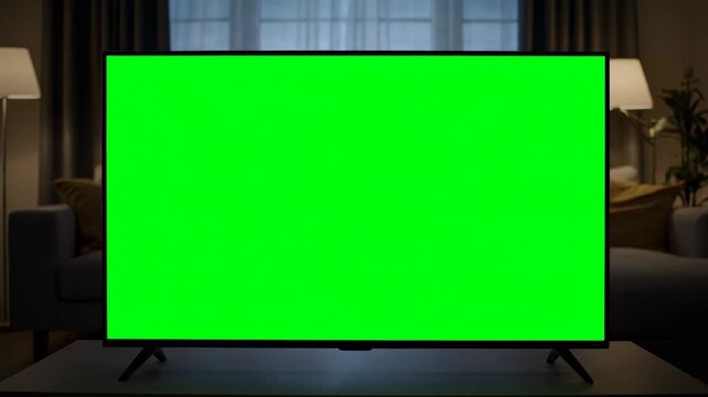Modern smart TV with green screen chroma key in cozy living room at night, rainy window and city lights background, slow zoom in.