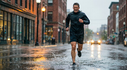Runner corriendo bajo la lluvia en una calle urbana mojada, salpicando charcos. Imagen hiperrealista con reflejos y atmósfera dramática, ideal para conceptos de deporte, esfuerzo y superación.