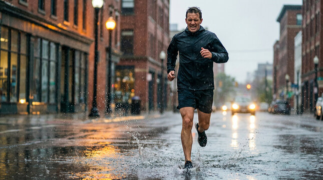 Runner corriendo bajo la lluvia en una calle urbana mojada, salpicando charcos. Imagen hiperrealista con reflejos y atm&oacute;sfera dram&aacute;tica, ideal para conceptos de deporte, esfuerzo y superaci&oacute;n.