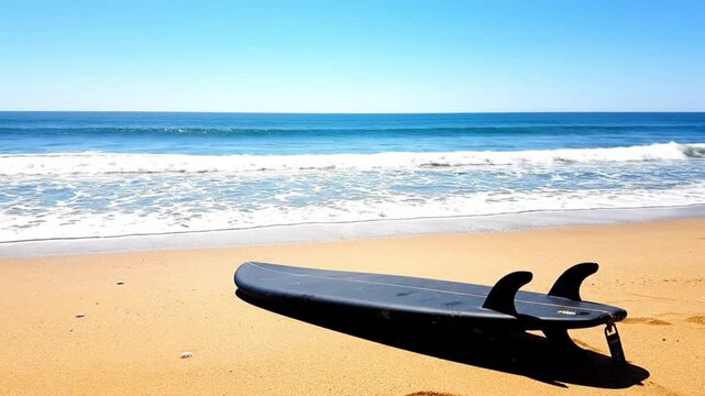 A sleek, dark surfboard lies on sun-drenched golden sand at a beautiful, empty beach under a vibrant blue sky. Gentle waves with foamy white crests roll in from the expansive blue ocean, creating a se
