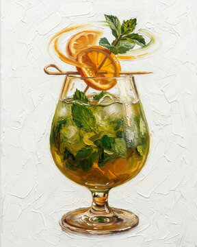 A colorful impasto oil painting of a Mojito cocktail filled with mint leaves and lime slices. Thick paint texture highlights the freshness of the drink and the artistic palette knife technique.