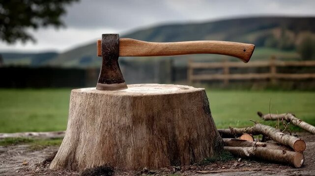 Chopping wood with an axe at a rural location during cloudy weather in the countryside near a fence