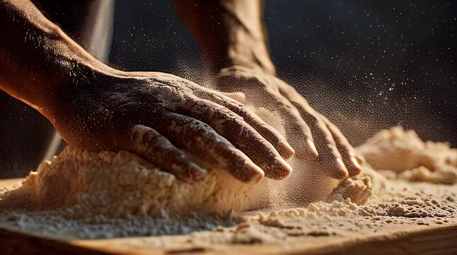 Hands Kneading Dough on Floured Surface.