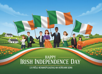 Happy Irish Independence Day Celebration Poster with People Waving National Flags