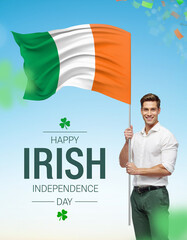 Man Holding Ireland Flag Under Blue Sky for Independence Day