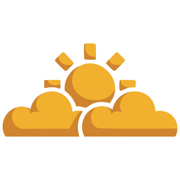 Weather symbol icon featuring bright sun and fluffy clouds in flat vector style isolated on white background