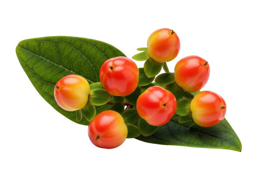 Cluster of bright red and yellow hypericum berries with green leaf isolated on transparent background