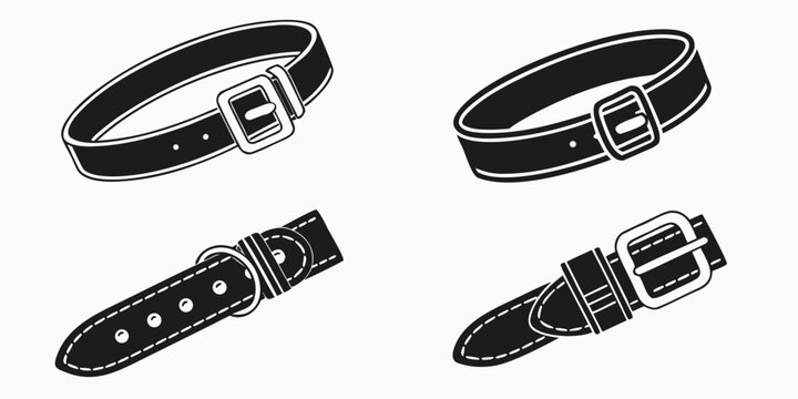 Four black leather belts with silver buckles laid out in a square pattern Vector