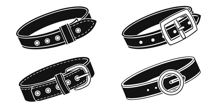 Four different styles of black leather belts with buckles displayed in a row Vector