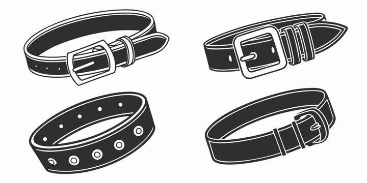 Four distinct black leather belts with unique buckles and designs displayed in a square formation. Vector