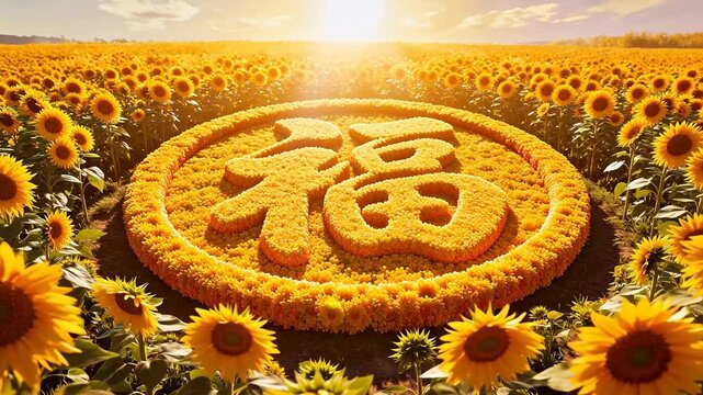 Sunflower field with Chinese character design