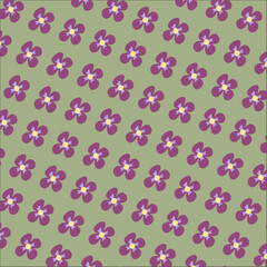 Seamless floral pattern with purple four-petal flowers on a green background, vector illustration for textile and wallpaper