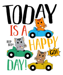today happy day cute cartoon cats driving cars 