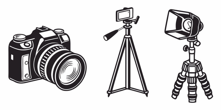 Professional photography equipment setup on a tripod with camera and lighting Vector