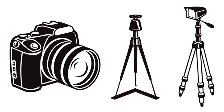 Photography equipment including cameras and tripod on a white background Vector