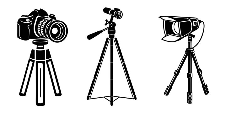 Three different types of camera equipment on tripods in black and white Vector