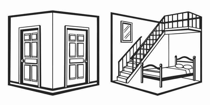 A comparison of a small room with a large window and a spacious room with a staircase Vector