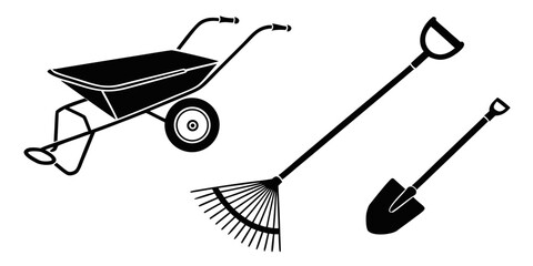 A variety of gardening tools including a wheelbarrow, rake, and shovel Vector © Mithu