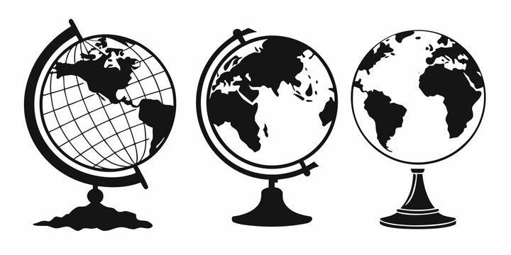 Three vintage globes showcasing different perspectives of the world. Vector