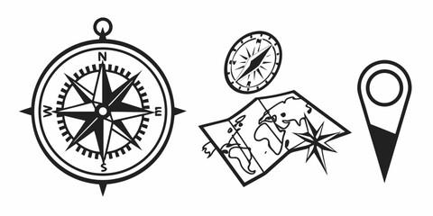 A compass, a map, and a tent representing outdoor adventure and exploration. Vector © Mithu