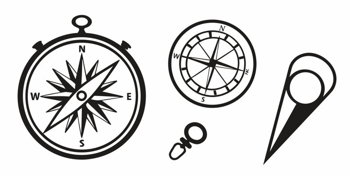 A collection of vintage compasses and a pocket knife displayed on a white background. Vector
